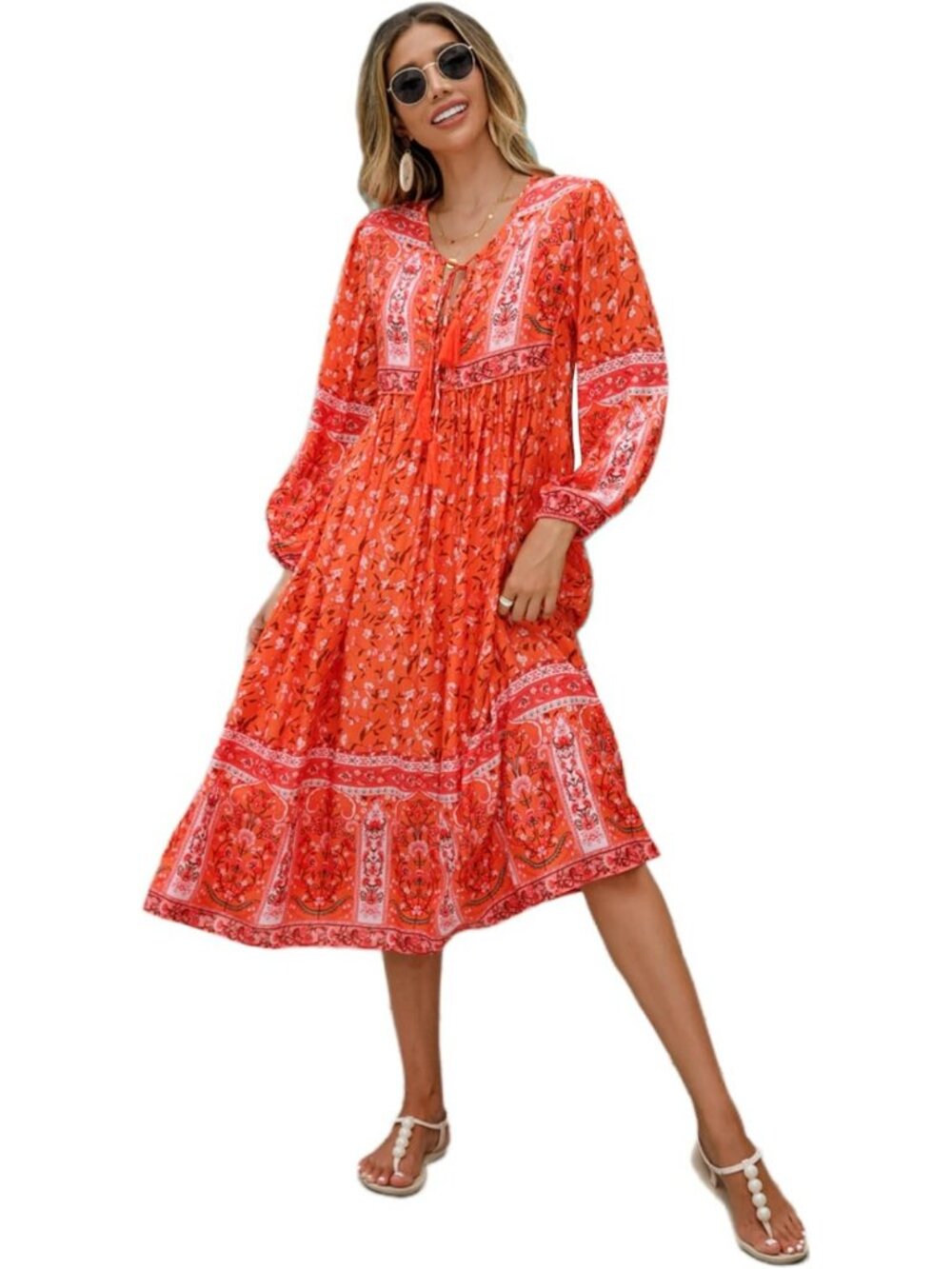 Boho Floral Midi Dress for Women | Long Sleeve Casual Style, Perfect for Any
